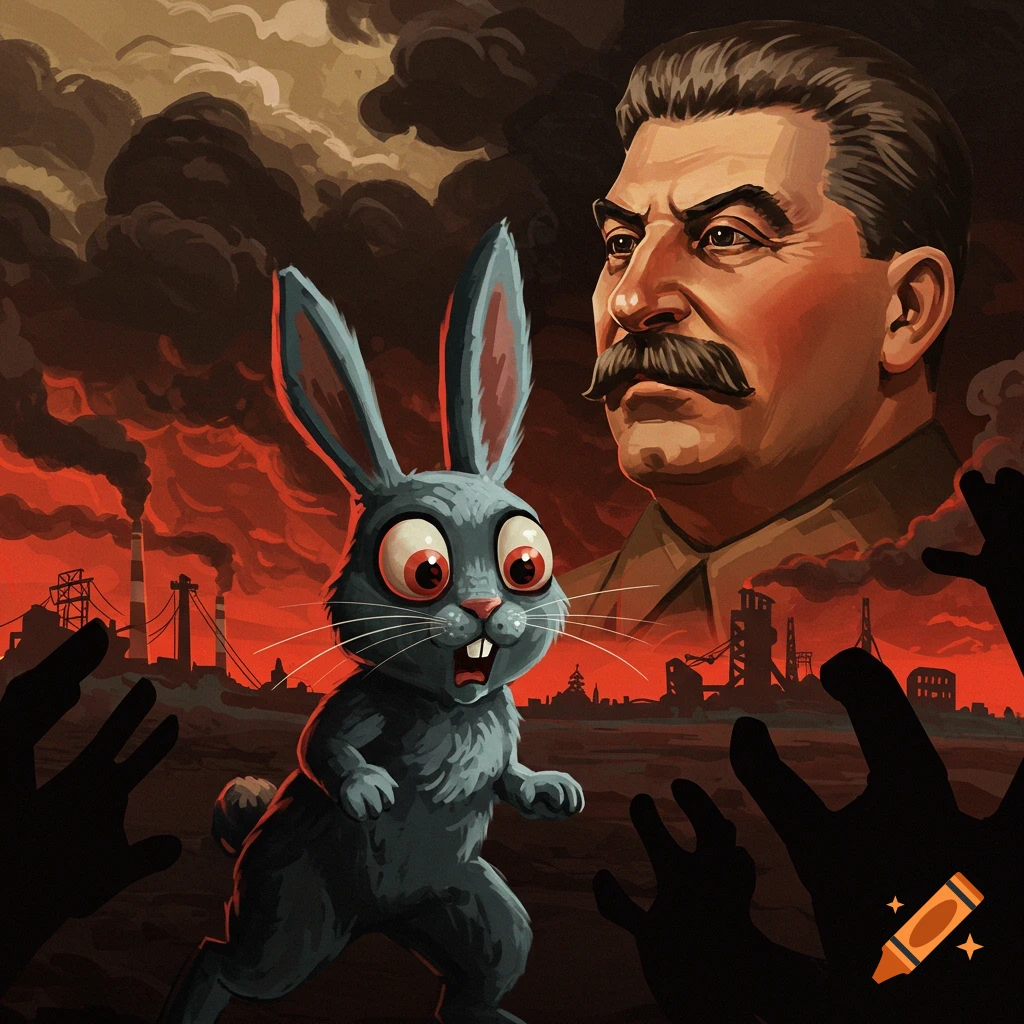 A terrified cartoon bunny with large red eyes and buck teeth, staring ahead with a shocked expression, stands in an industrial wasteland under a dark red and black sky. A stern portrait of Joseph Stalin looms in the background, with silhouetted hands reaching from the foreground. The style is reminiscent of a 1910s propaganda poster.