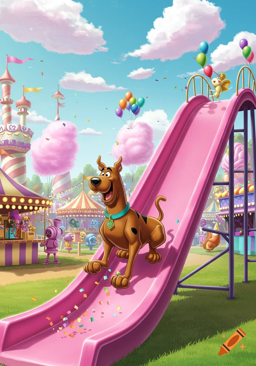 Scooby Doo slides down a magenta slide at a colorful amusement park with candy floss clouds and balloons.