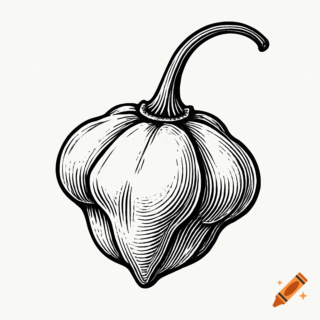 Monochrome line drawing of a scotch bonnet pepper with a curved stem on a white background.