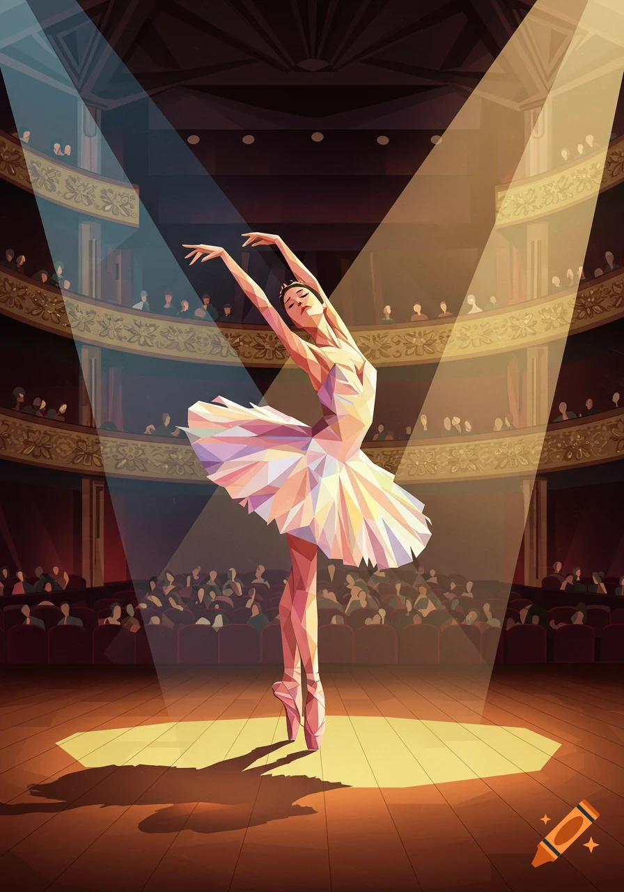 Geometric illustration of a ballerina dancing in a spotlight on a theater stage with an audience.