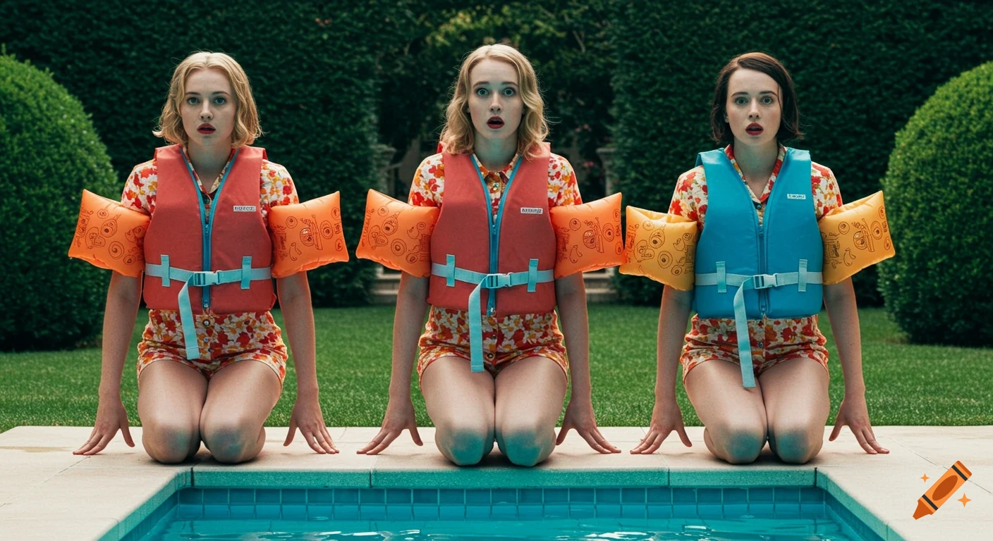 Three women in floral outfits, life jackets, and armbands kneel by a pool with nervous expressions, Wes Anderson film style.