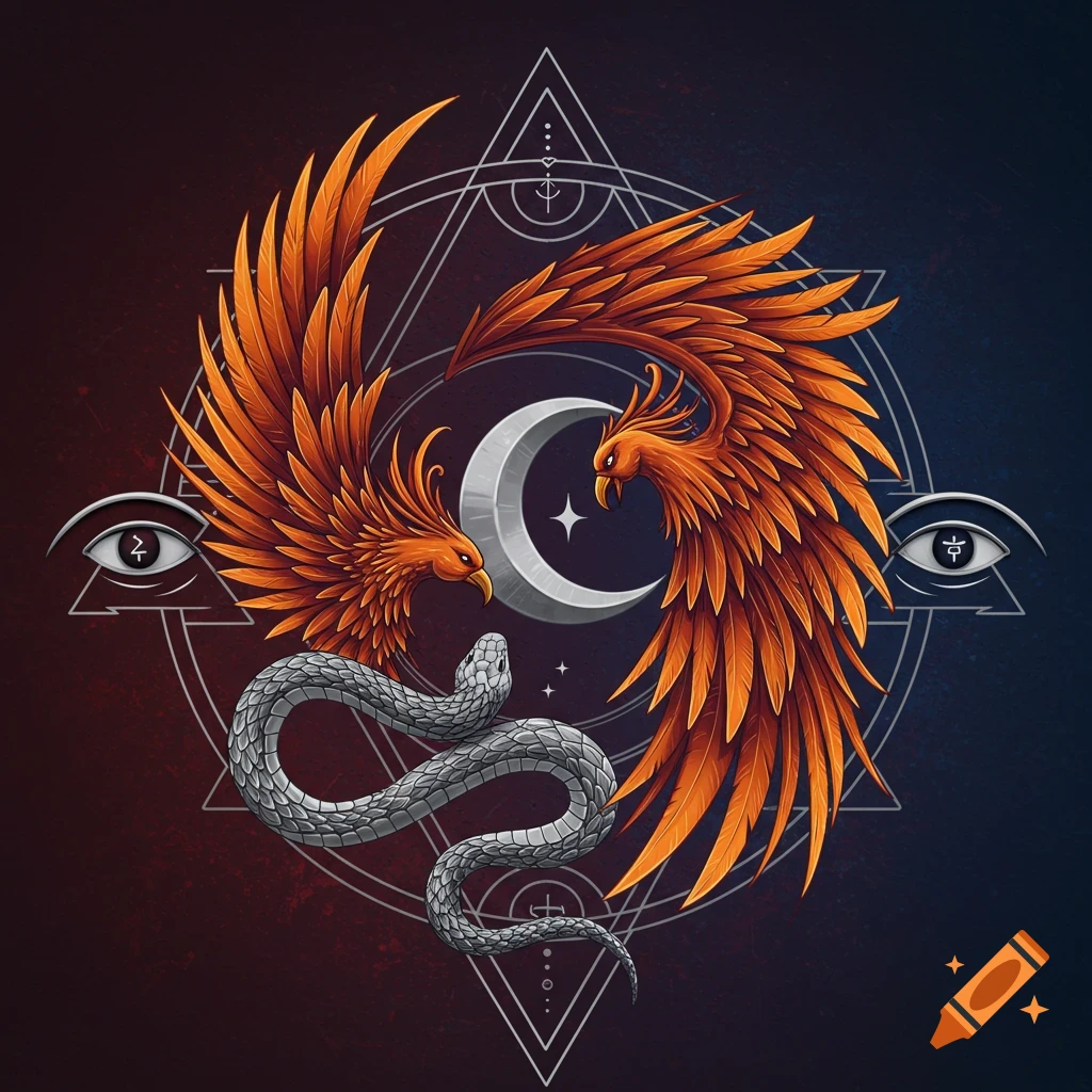 Occult-style logo with two orange phoenixes, a crescent moon, a silver snake, and geometric symbols on a red and blue gradient background.