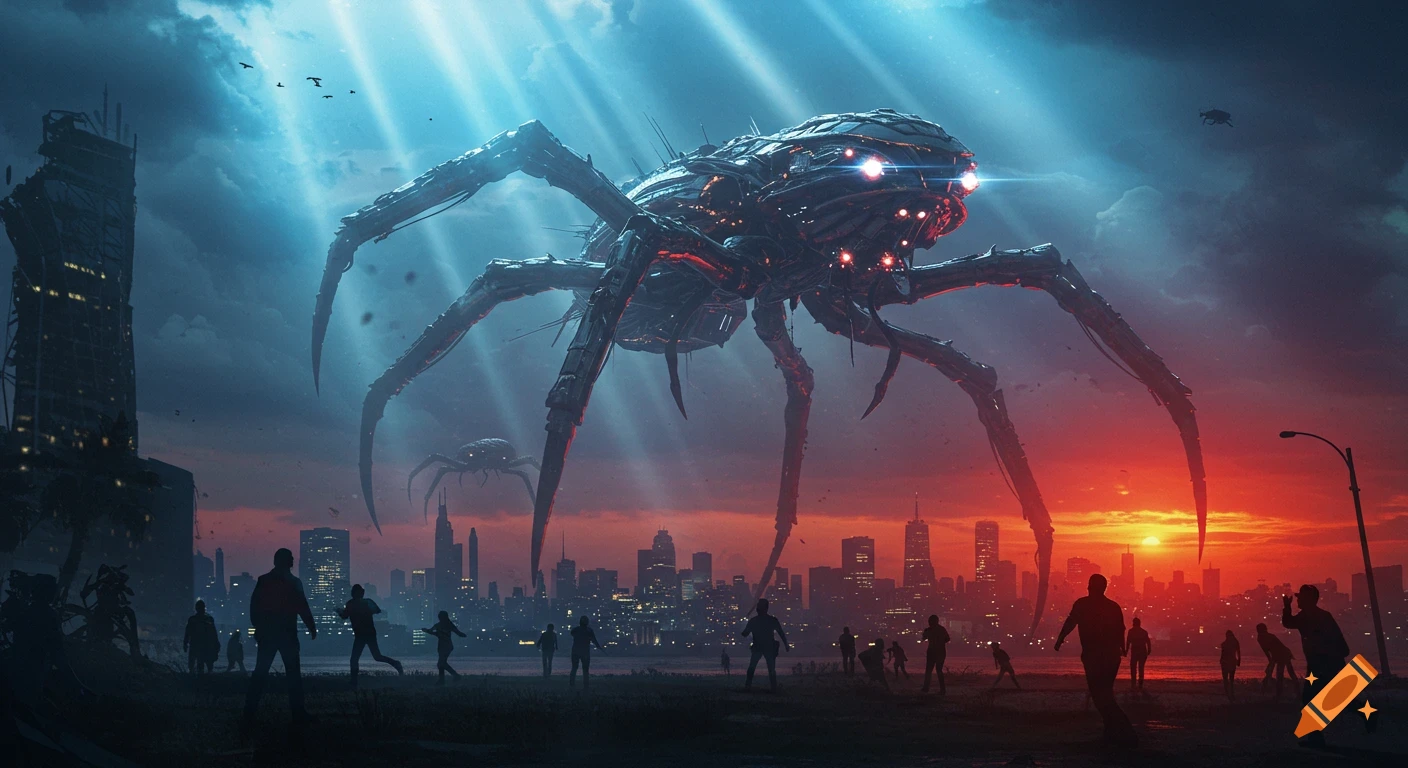 Giant, metallic spider-like alien warship with glowing eyes descending over a city at sunset as silhouetted people run away.