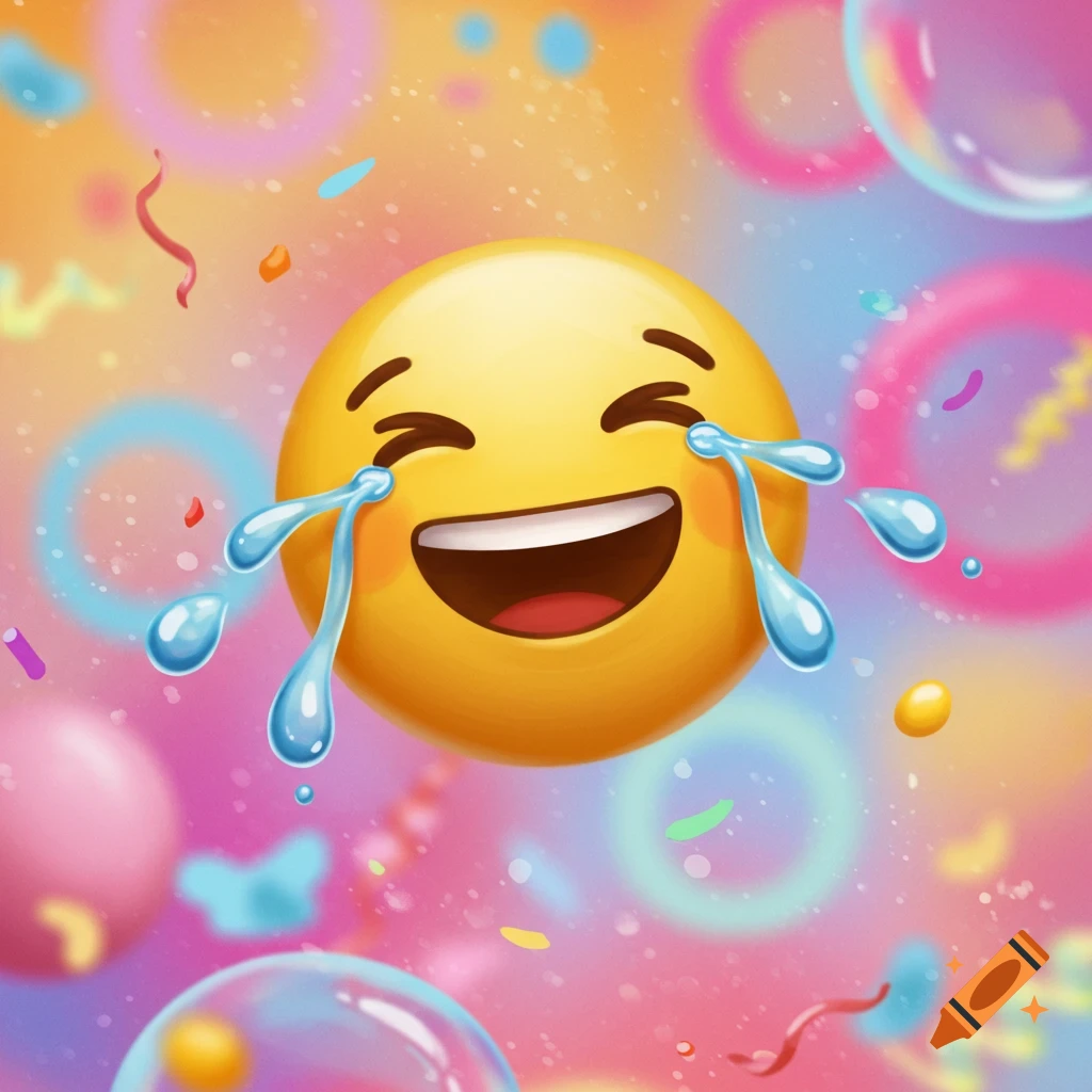 A vibrant yellow 'face with tears of joy' emoji, widely smiling with closed eyes, surrounded by colorful confetti and bubbles.