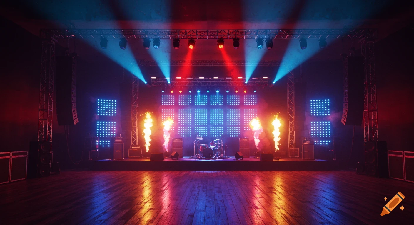 An empty concert stage with a drum set, speaker stacks, and numerous red and blue stage lights and flame effects, reflecting on the wooden floor.