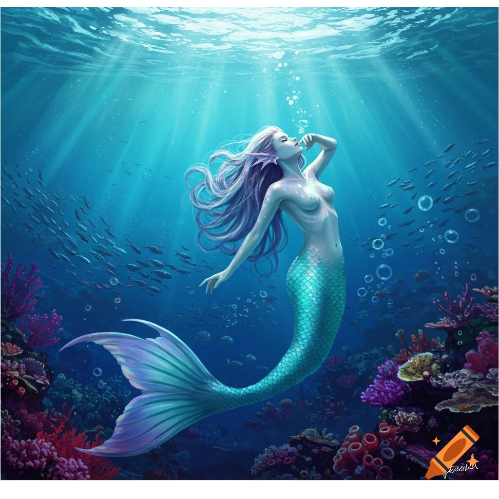 A beautiful mermaid with flowing purple hair and a teal tail swims gracefully in a vibrant blue ocean, surrounded by fish and colorful coral.