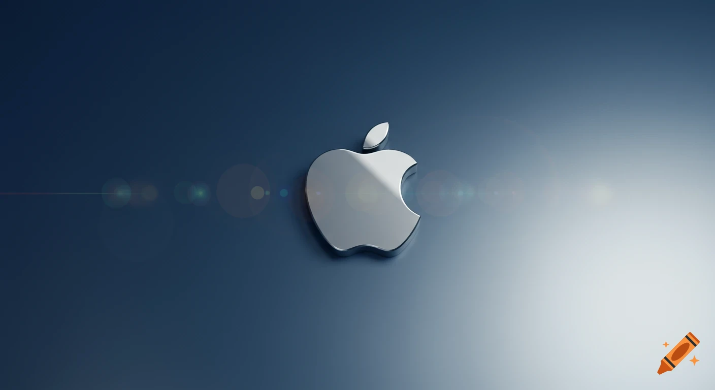 A metallic silver Apple logo centered on a dark blue background with lens flares.