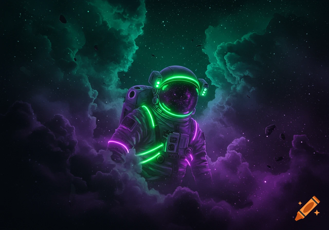 A vibrant astronaut in a suit with neon green and purple lights floats in a starry cosmic cloud nebula.