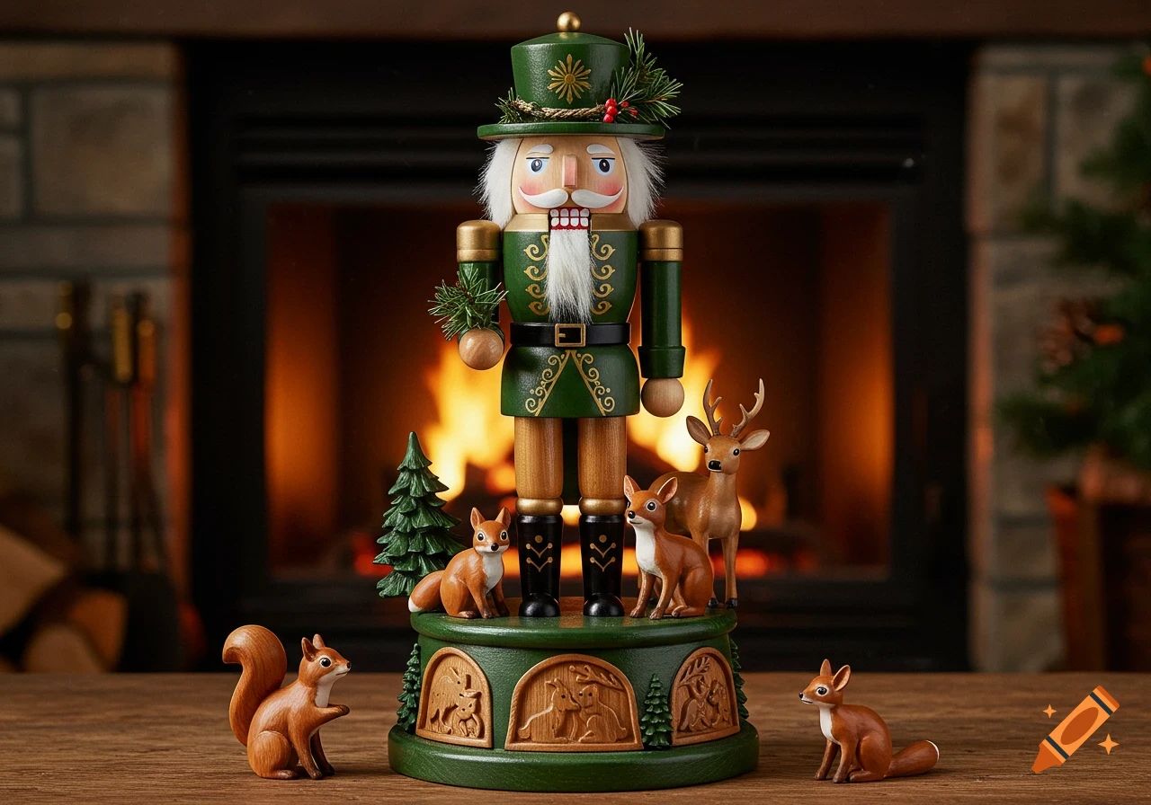A detailed wooden nutcracker in a green forester outfit with forest animal figurines at its base, set before a warm fireplace.