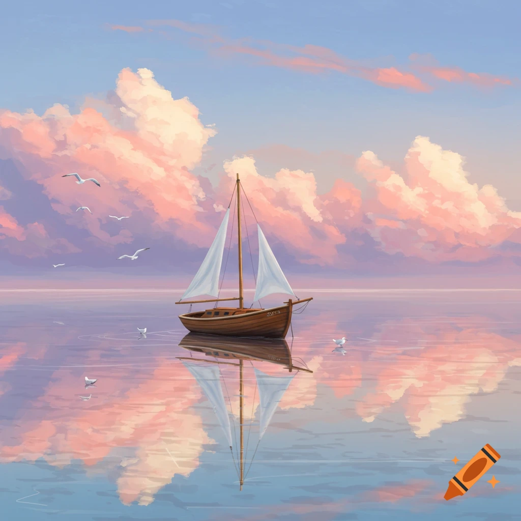 A painterly scene of a wooden sailboat with white sails on calm water, reflecting a pink and blue cloudy sky, with seagulls.