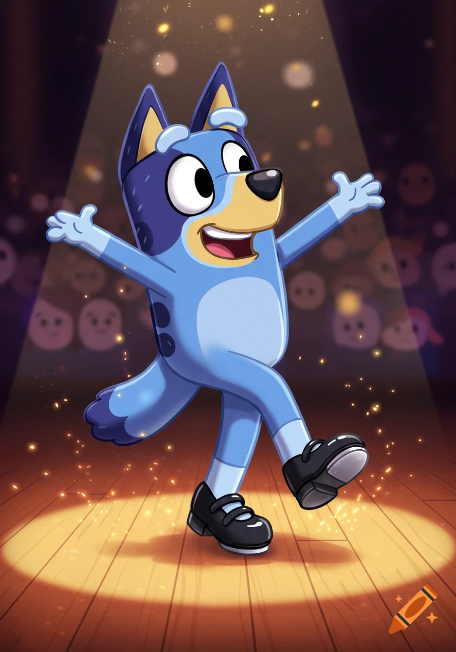 Cartoon Bluey tap dancing on a stage under a spotlight, wearing white socks and black tap shoes.