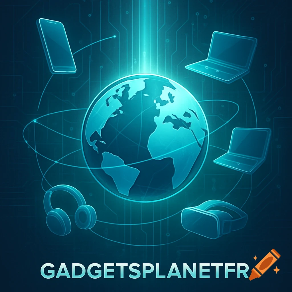A glowing blue globe surrounded by orbiting tech gadgets like laptops, a smartphone, headphones, and a VR headset, with 'GADGETSPLANETFR' text.