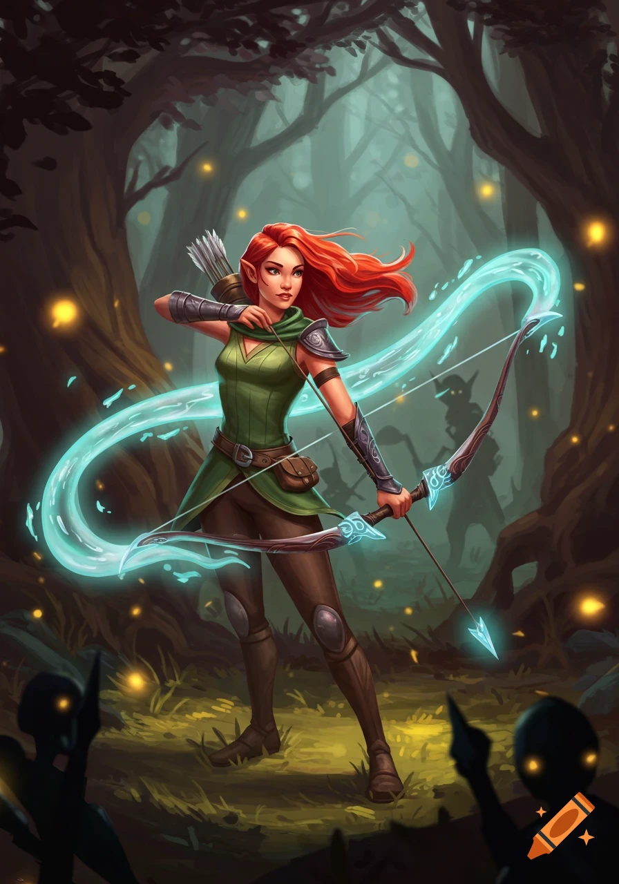 A red-haired elf archer draws a glowing magical bow in a misty, dark forest with shadowy enemies and fireflies, digital art.