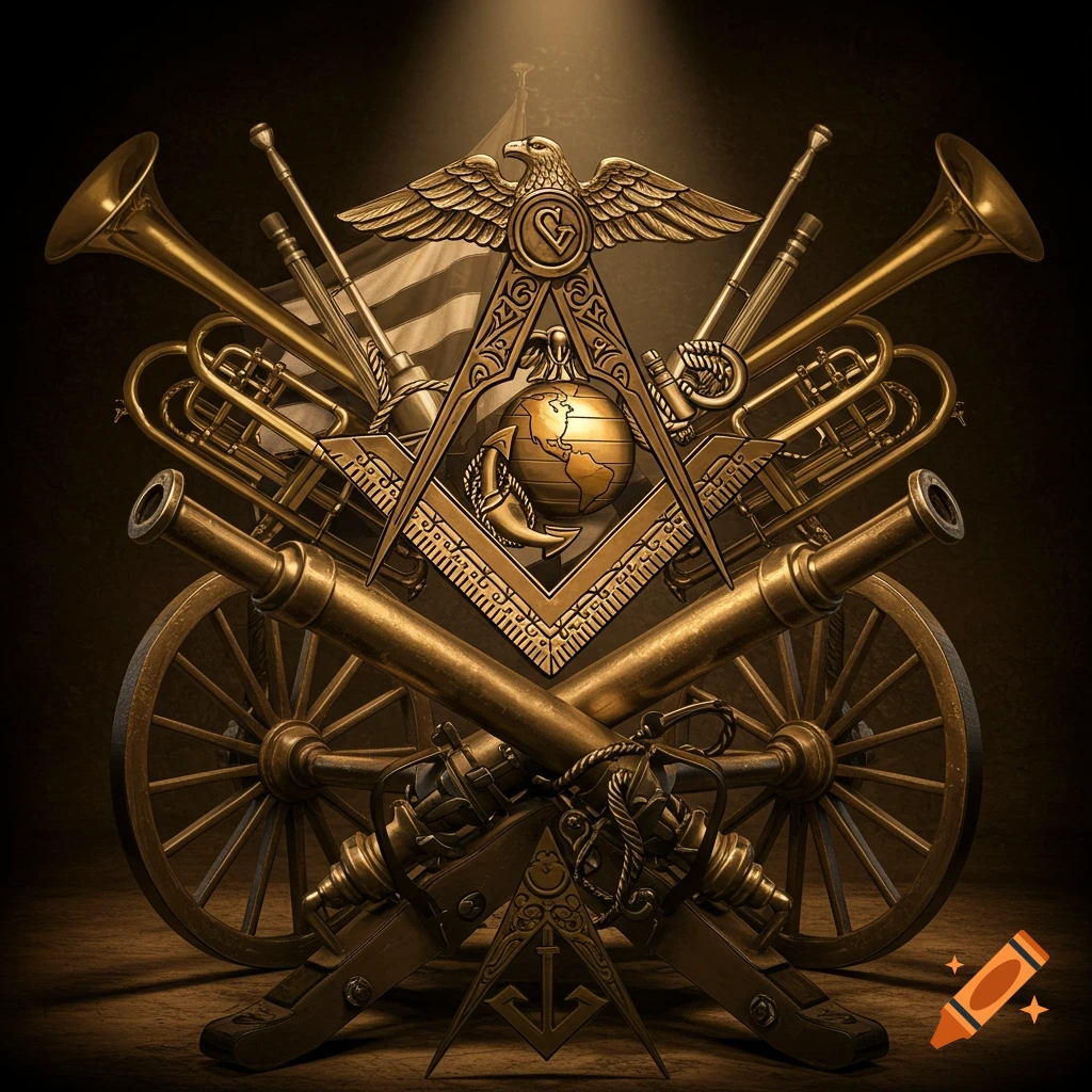 A golden emblem featuring a Masonic square and compass enclosing a globe with a Marine Corps EGA, crossed cannons, trumpets, and an American flag, all on a dark background with a spotlight.
