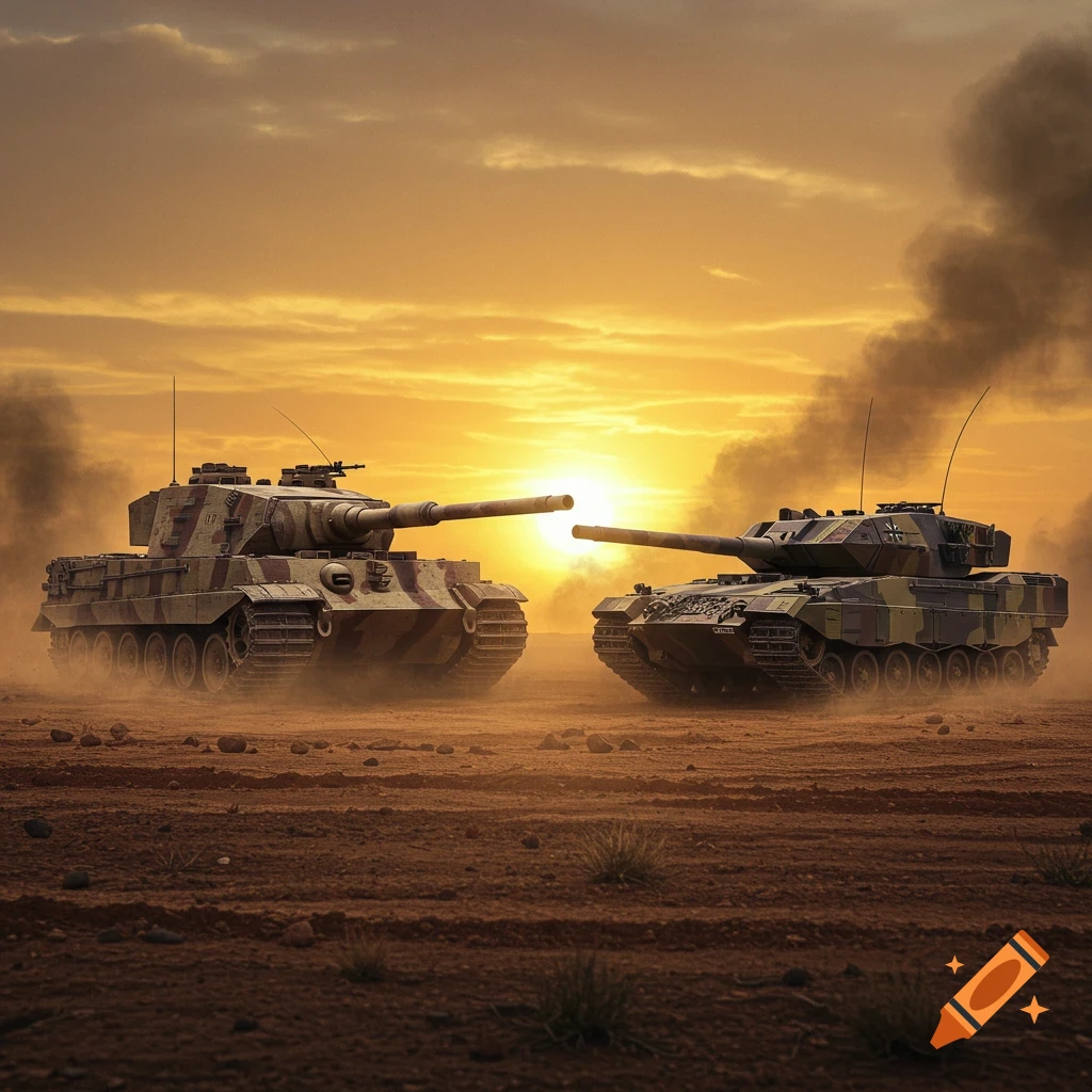 Two camouflage military tanks face each other on a dusty plain at sunset, with smoke rising in the background.