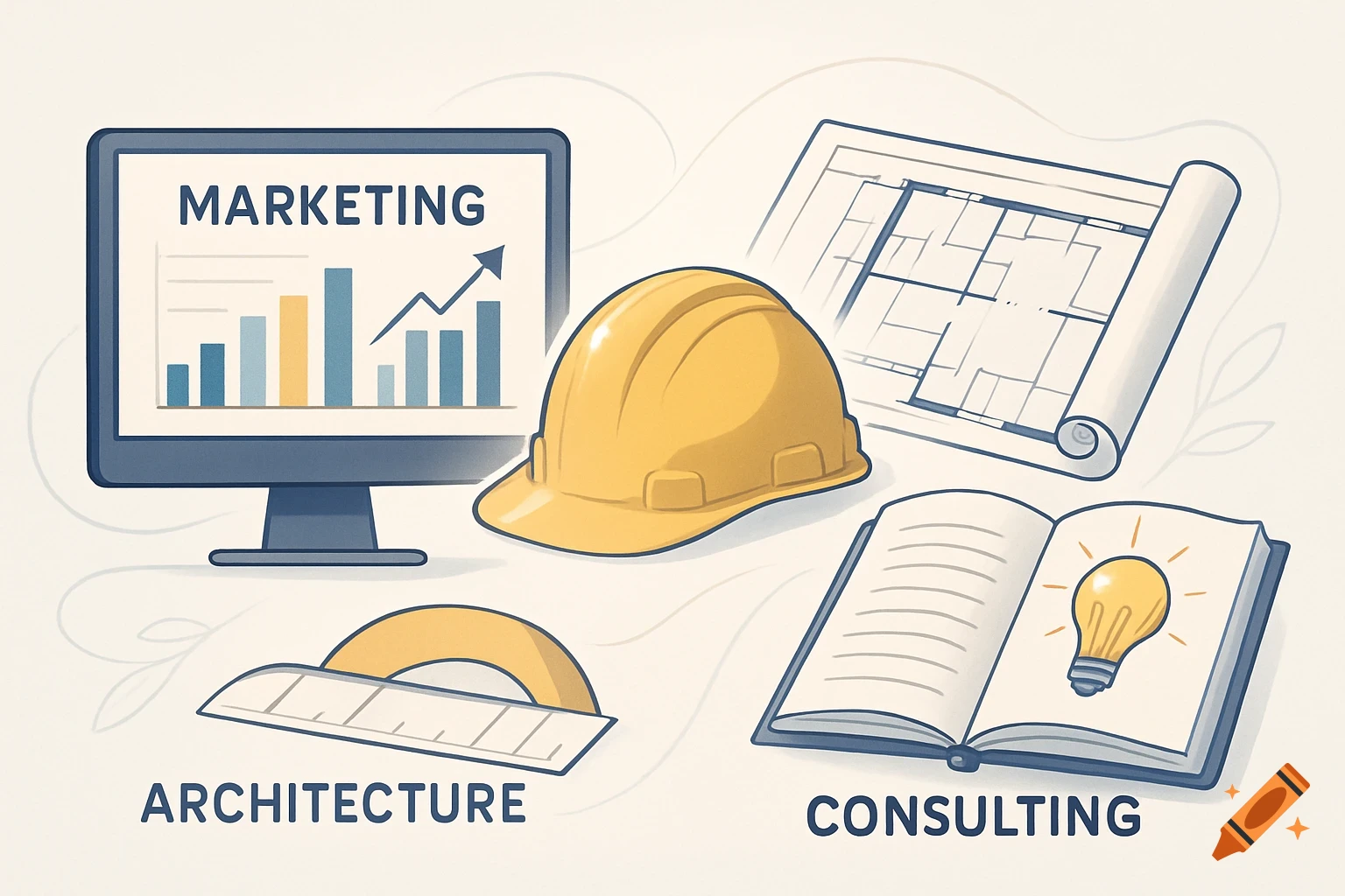 Illustration of business services icons: a computer with a graph, hard hat, blueprints, a trowel, and an open book with a lightbulb.