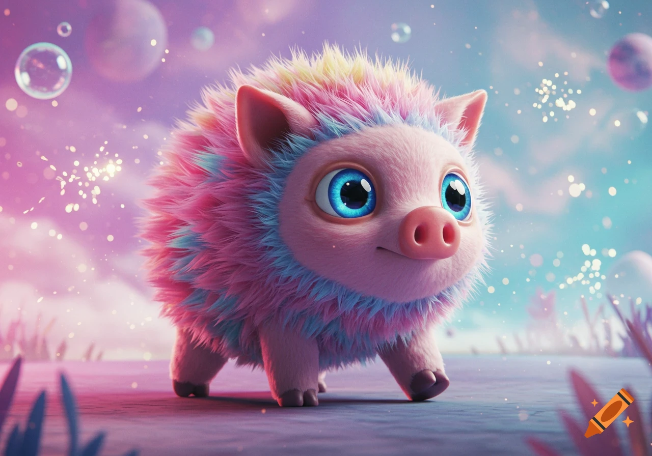 A fluffy, colorful fantasy creature with big blue eyes and a pig snout stands in a dreamy, pastel landscape with sparkles and bubbles.