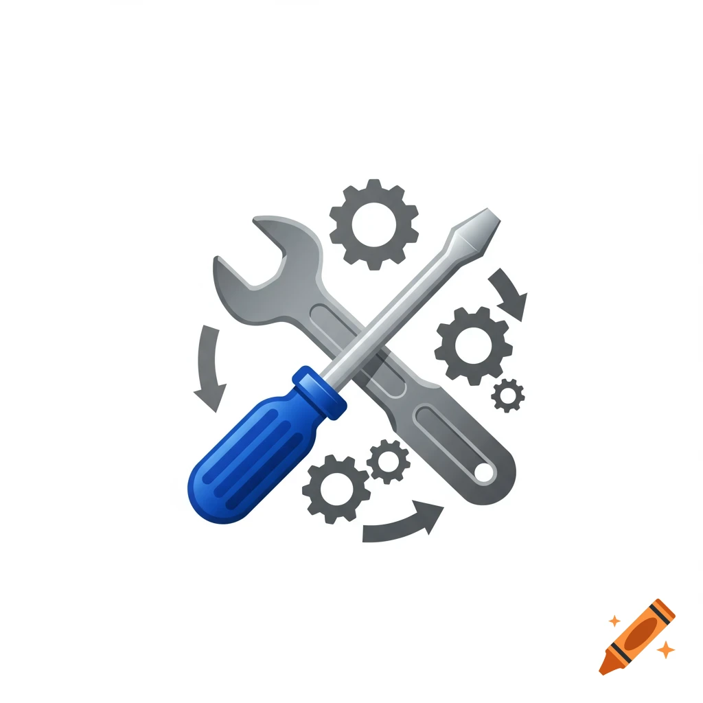 A blue-handled screwdriver and a wrench crossed, surrounded by gray gears and arrows, representing maintenance or service.