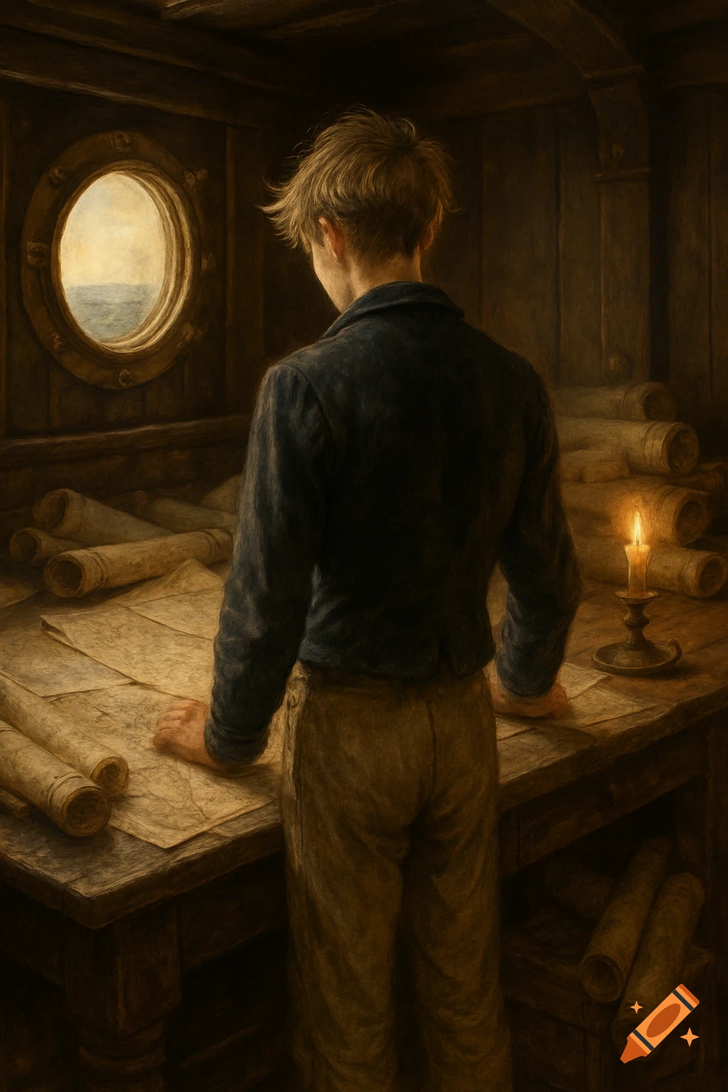 A young man, seen from behind, studies nautical maps on a table in a ship's cabin, lit by a candle and porthole, in a painterly style.