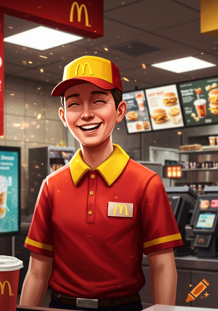 A smiling young McDonald's worker in a red and yellow uniform with an M-logo hat, standing in a fast food restaurant.