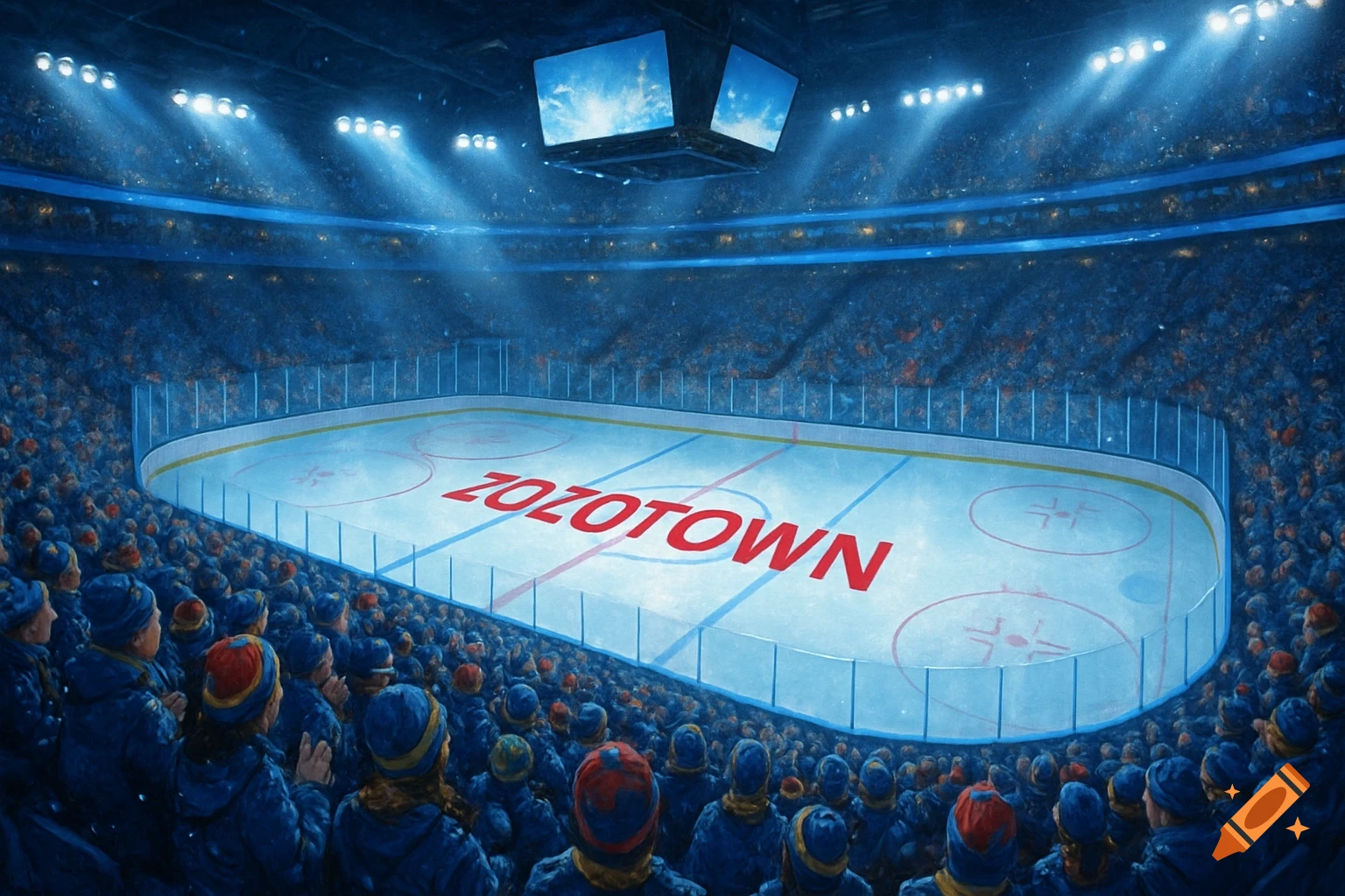An illustration of a large ice hockey arena filled with spectators, with 'ZOZOTOWN' written in red on the center ice.