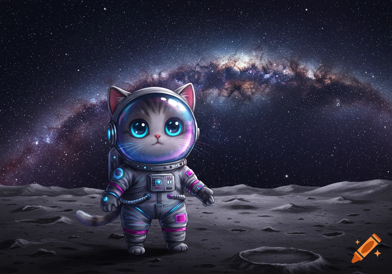 A cute animated cat astronaut with big blue eyes stands on a cratered moon surface under a starry galaxy sky.