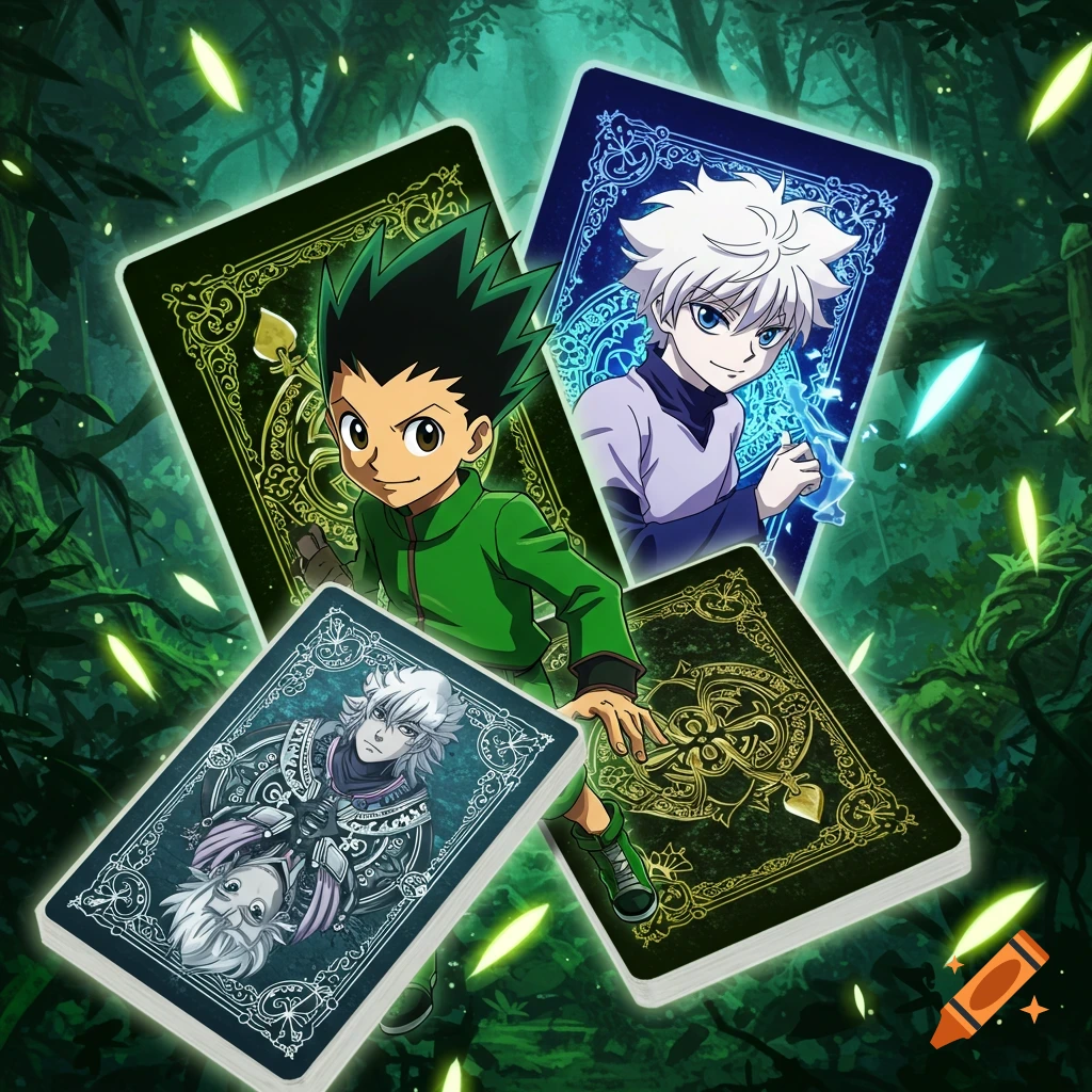 Anime characters Gon and Killua on ornate playing cards surrounded by a mystical, dark green forest with glowing leaves.