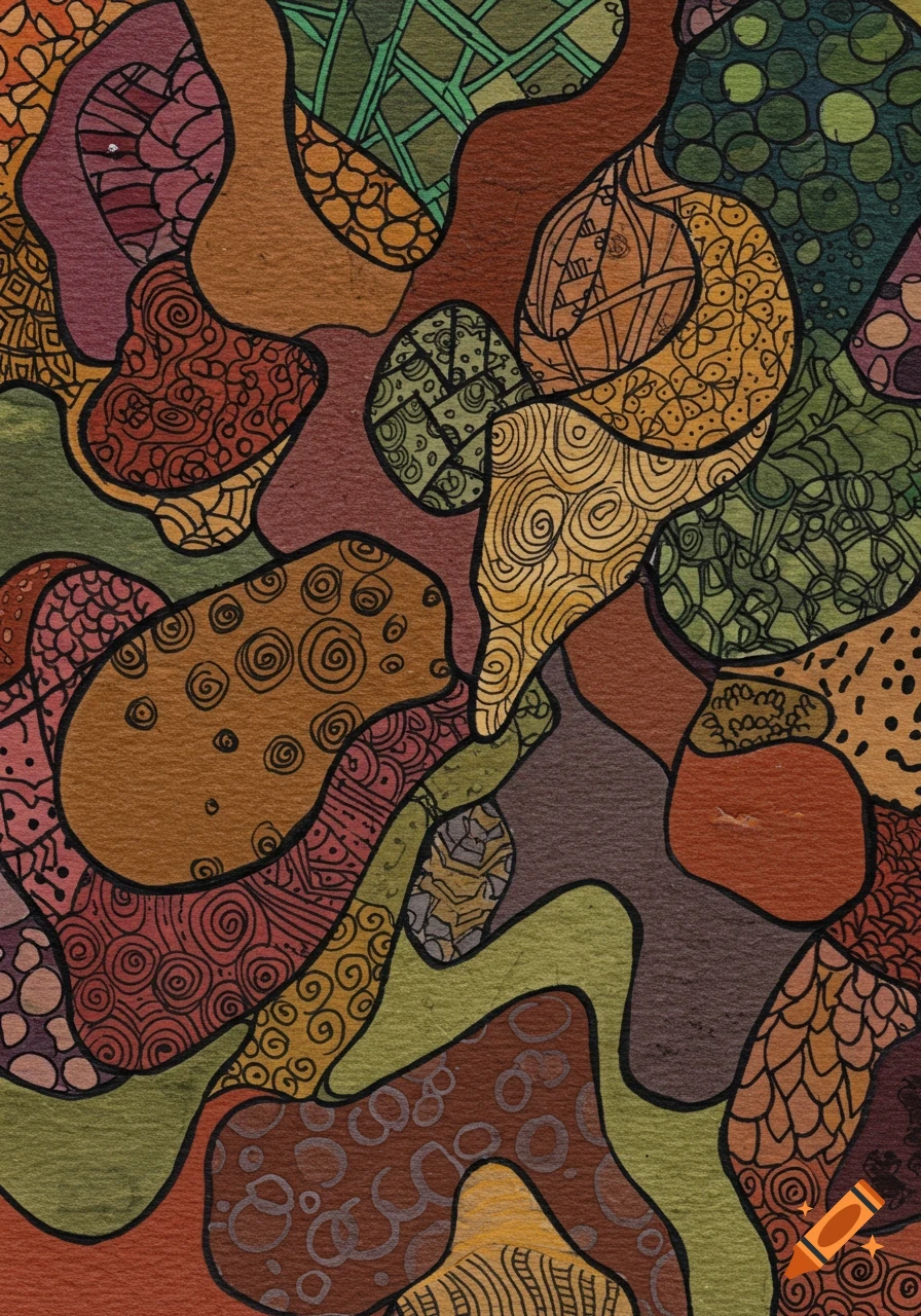 Abstract gouache painting with complex, organic shapes filled with zentangle patterns in earthy tones.