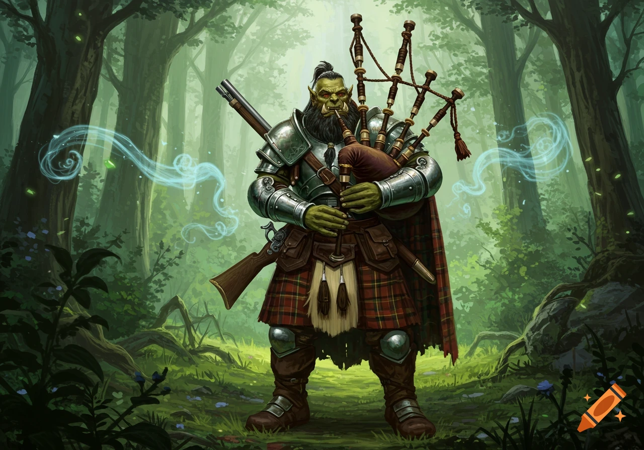 A bearded orc in armor and a kilt plays bagpipes and carries a musket in a vibrant forest illustration.