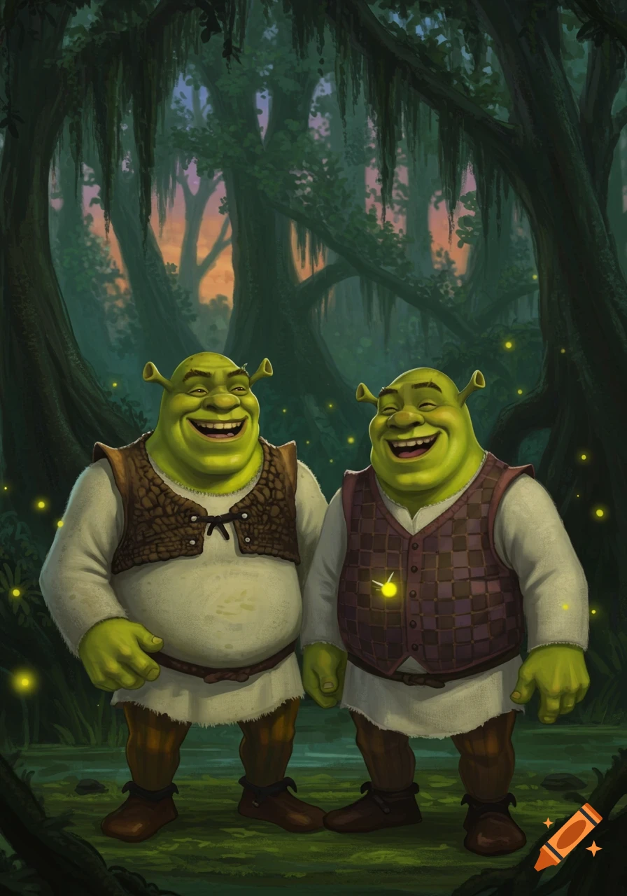 Two smiling green ogres resembling Shrek stand in a dark, mossy swamp with glowing fireflies, digital art.