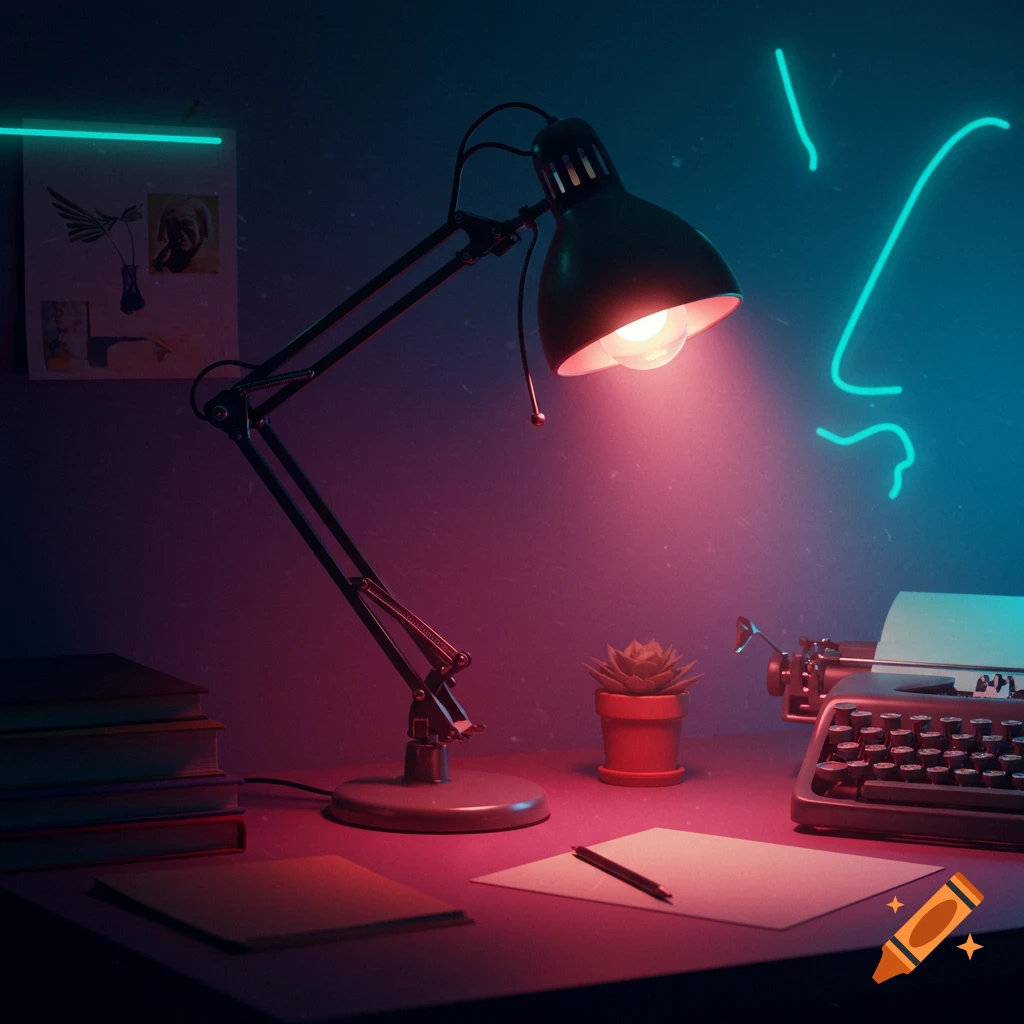A desk with a vintage Luxo-style lamp, typewriter, books, and plant, illuminated by pink and blue neon lights.