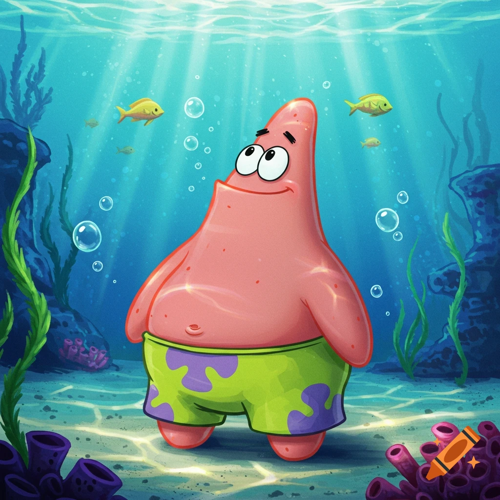Patrick Star, a pink starfish wearing green and purple shorts, stands smiling on the ocean floor with fish and coral.