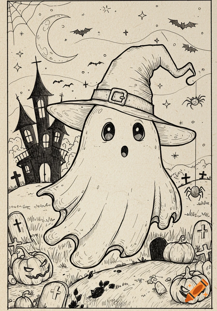 Fine line art illustration of a cute ghost wearing a witch hat in a Halloween graveyard with a haunted house and pumpkins.