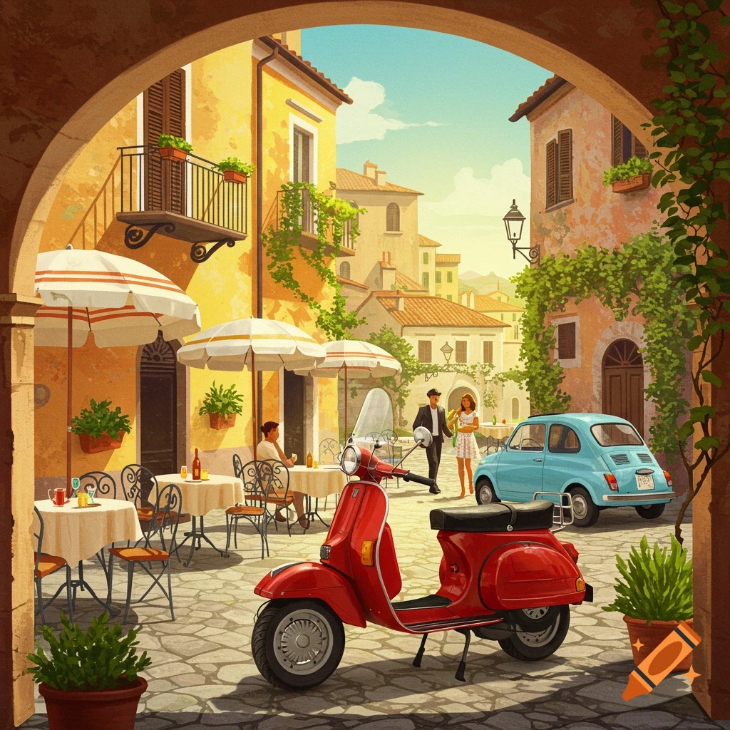 Vibrant vintage illustration of an Italian town square with a red Vespa scooter, blue Fiat 500 car, outdoor cafe, and people walking.