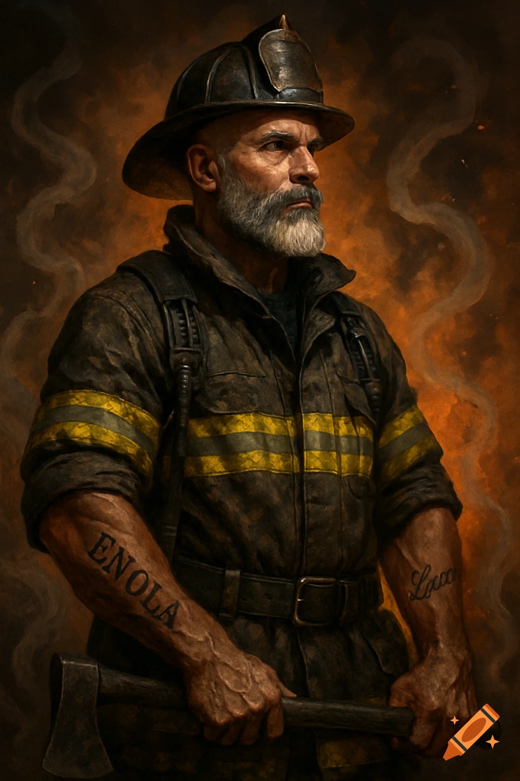 A bearded firefighter in a helmet and gear, holding an axe, stands against a smoky, fiery background in a painted style.