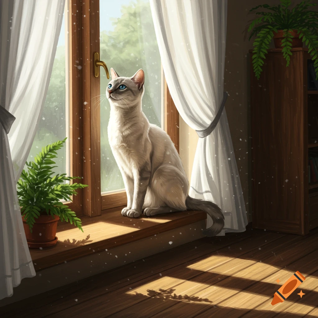 A light-colored cat with blue eyes sits on a wooden windowsill, looking out a sunlit window with white curtains and ferns.