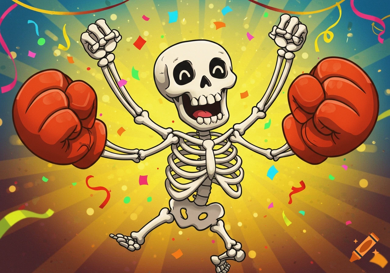 A cheerful cartoon skeleton wearing red boxing gloves celebrates with arms raised amidst colorful confetti on a bright yellow background.