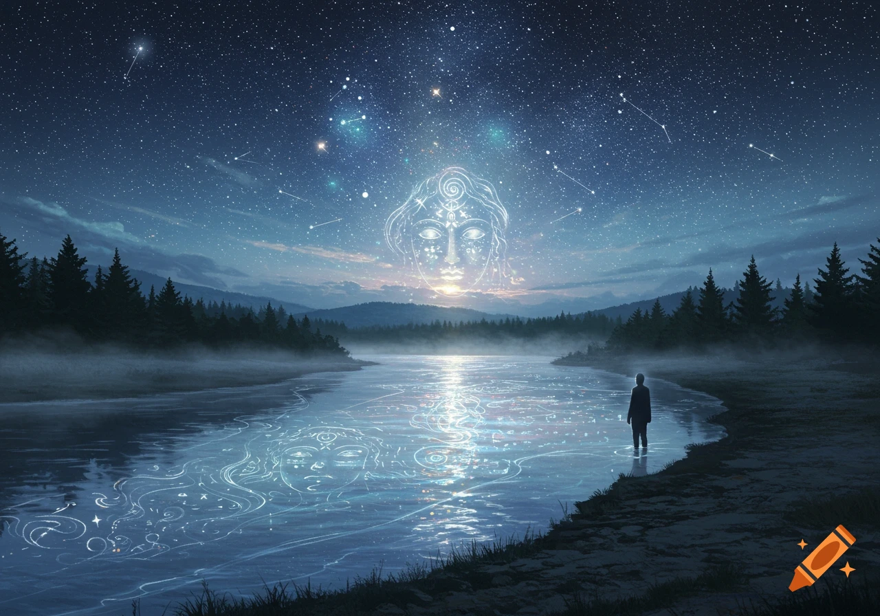 A figure stands by a glowing cosmic river reflecting ethereal faces and symbols under a vast, starry night sky with a large glowing face.
