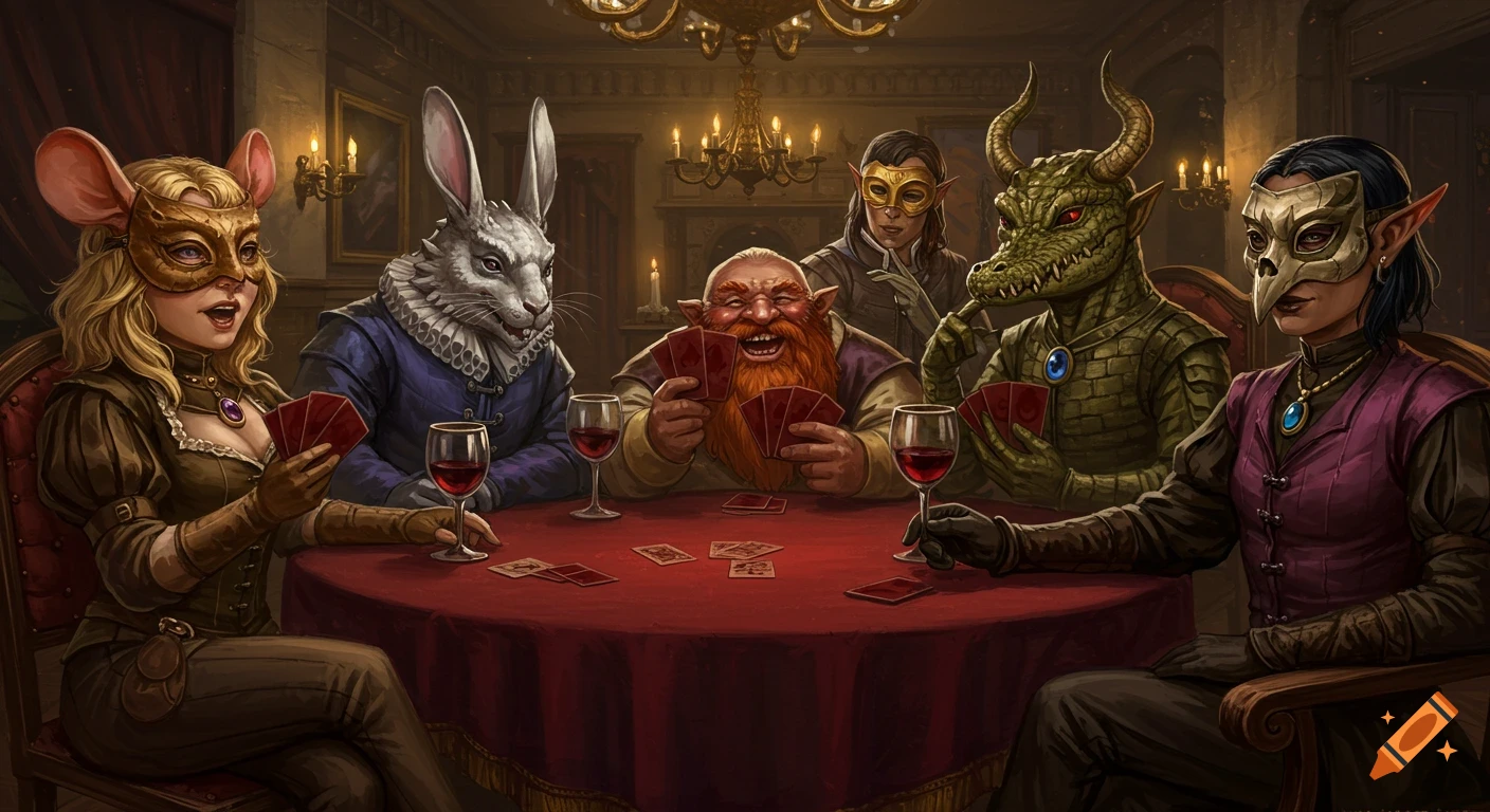 A richly detailed fantasy illustration of masked, anthropomorphic, and mythical characters playing cards around a red table in a dimly lit, ornate room.