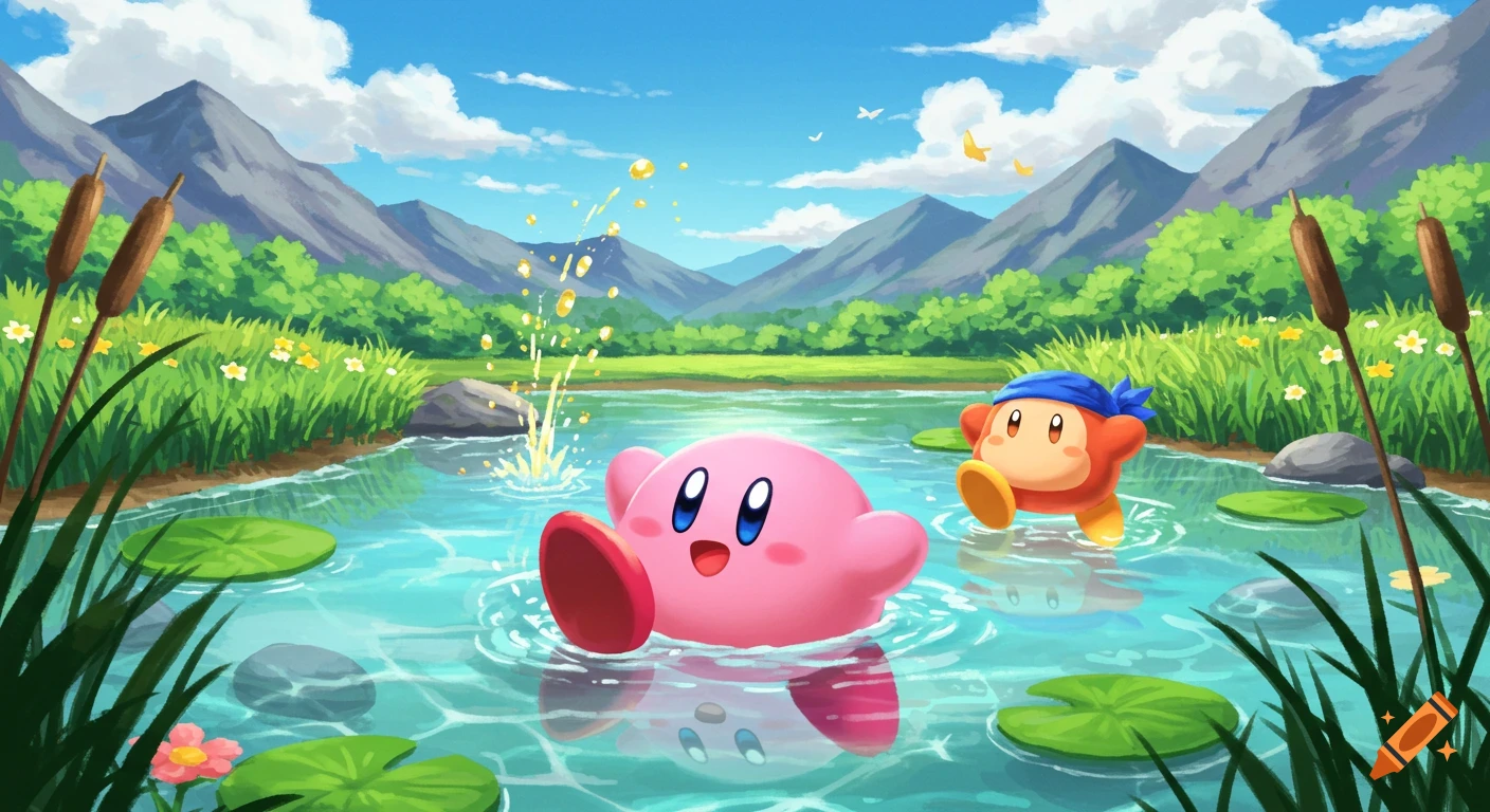 Kirby splashes in a clear blue lake with Bandana Waddle Dee wading nearby, surrounded by lush green mountains and plants in a vibrant cartoon style.