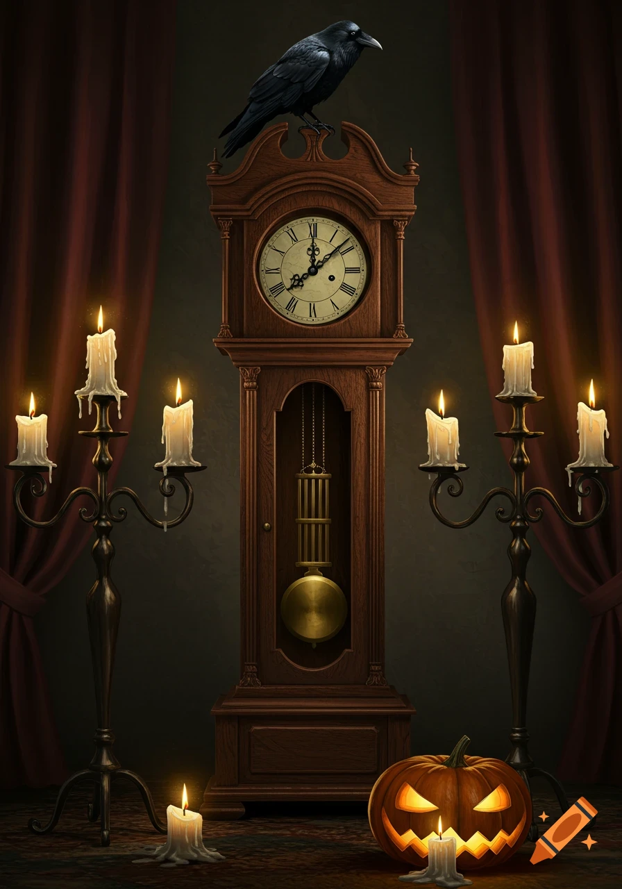 A raven perches on a grandfather clock, surrounded by lit candelabras and a glowing jack-o'-lantern in a dark, spooky room.