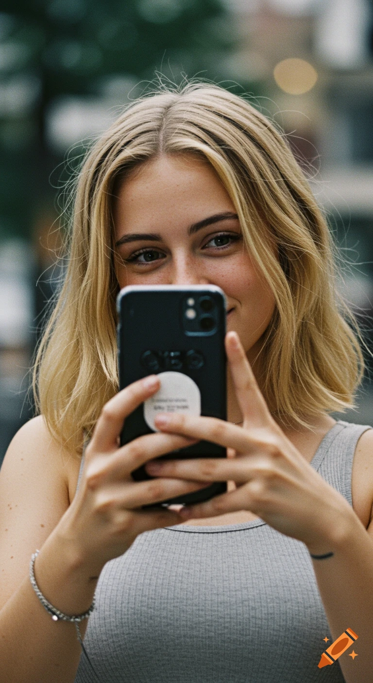 A smiling blonde woman in a gray tank top holds a black smartphone up, seemingly taking a selfie, with a pop socket visible on the phone. Photorealistic style.