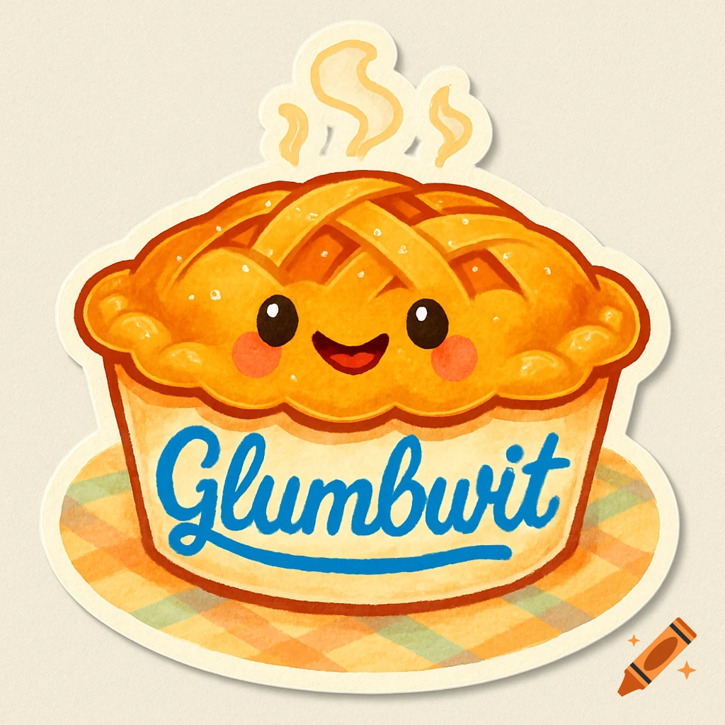 A happy cartoon pie sticker with a lattice crust, rosy cheeks, and the name 'Glumbwit' written on its base, with steam rising.
