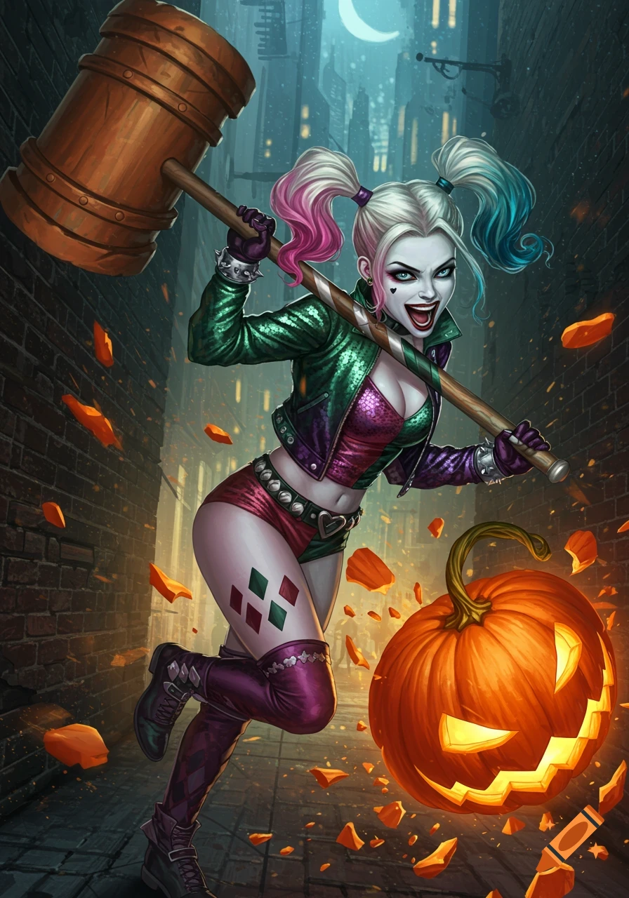 Vibrant comic illustration of Harley Quinn in a green and purple outfit, smashing a glowing Halloween pumpkin with a giant hammer in a dark alley.