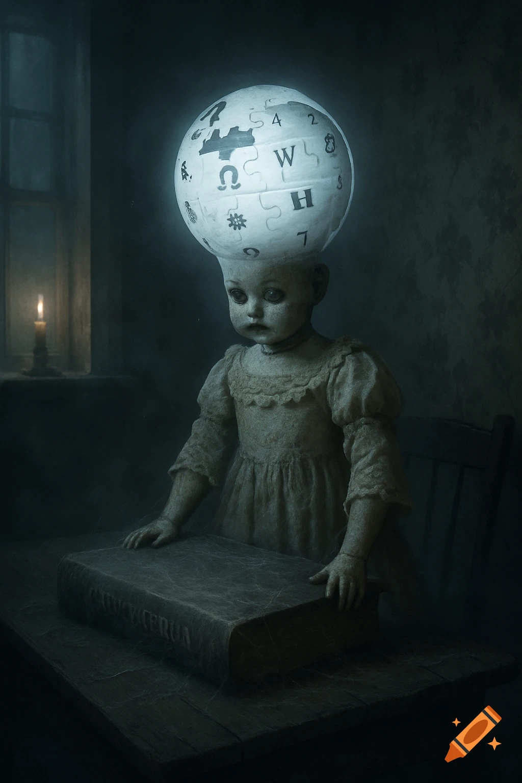 A spooky, dark image of a doll with a glowing Wikipedia globe for a head, sitting at a table with a large, dusty book.