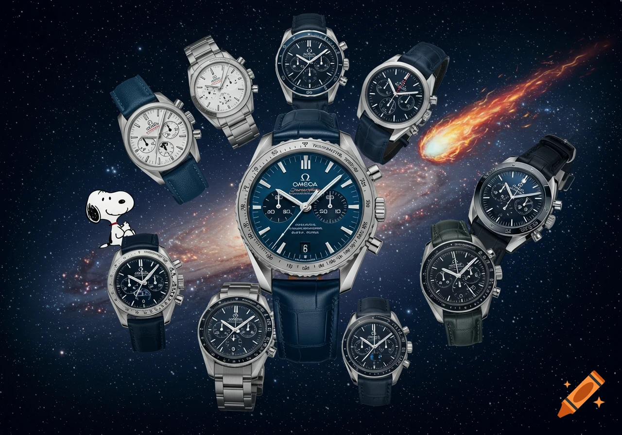 An array of Omega Speedmaster watches, including a Snoopy edition, floating in outer space with a comet streaking across the background.