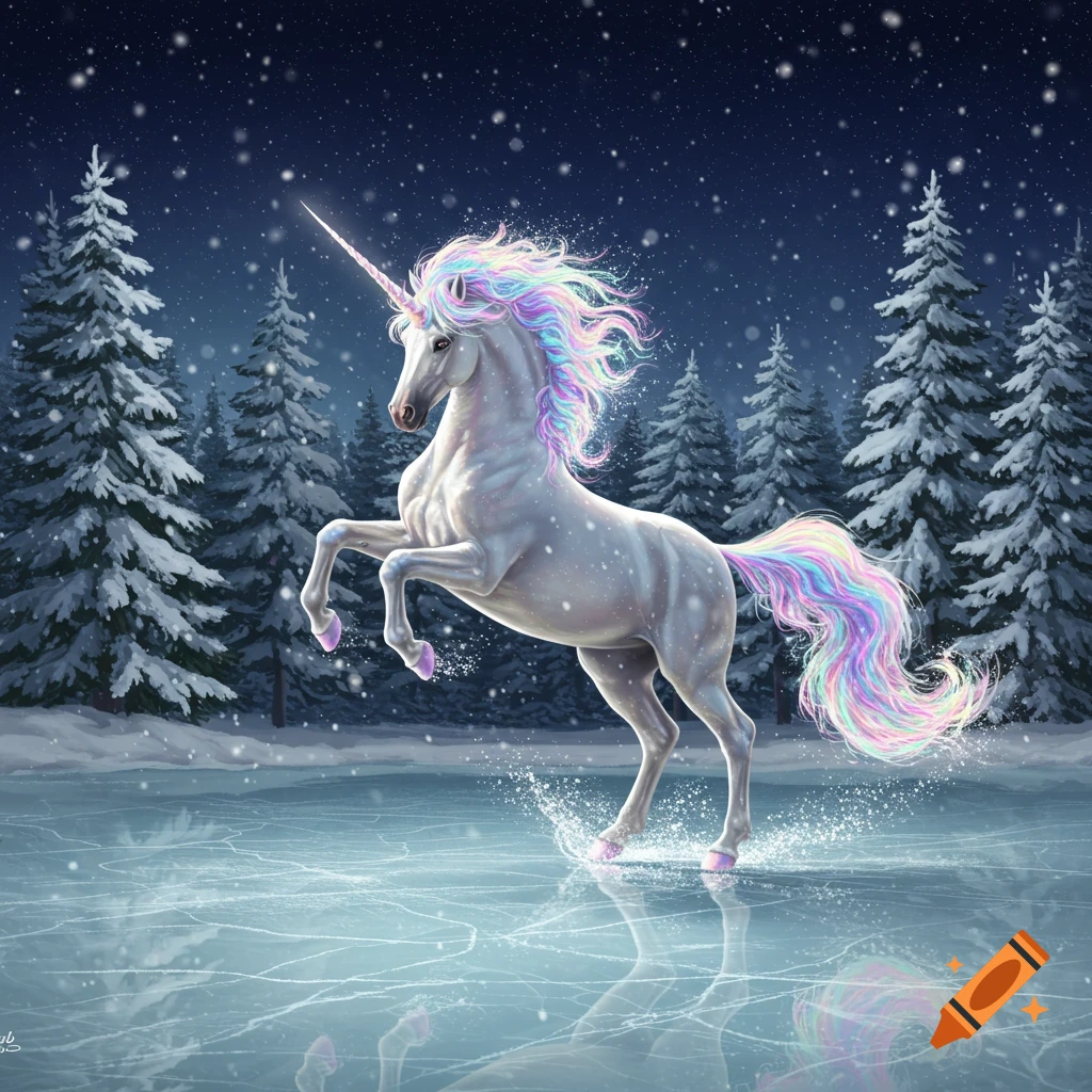 A majestic white unicorn with a rainbow mane and tail rears on a frozen lake in a snowy winter forest at night.