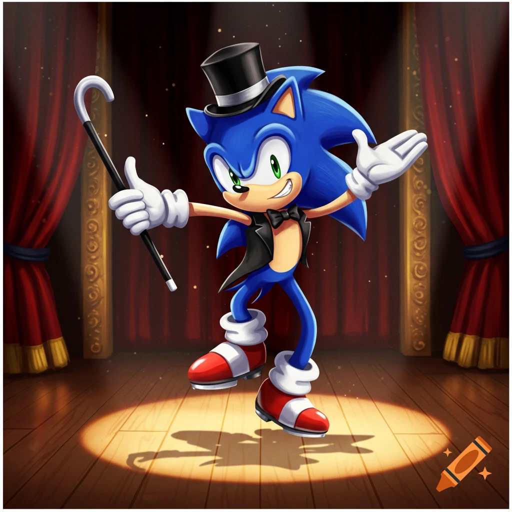 Sonic the Hedgehog wearing a top hat and tuxedo vest, holding a cane, standing in a spotlight on a wooden stage with red curtains.
