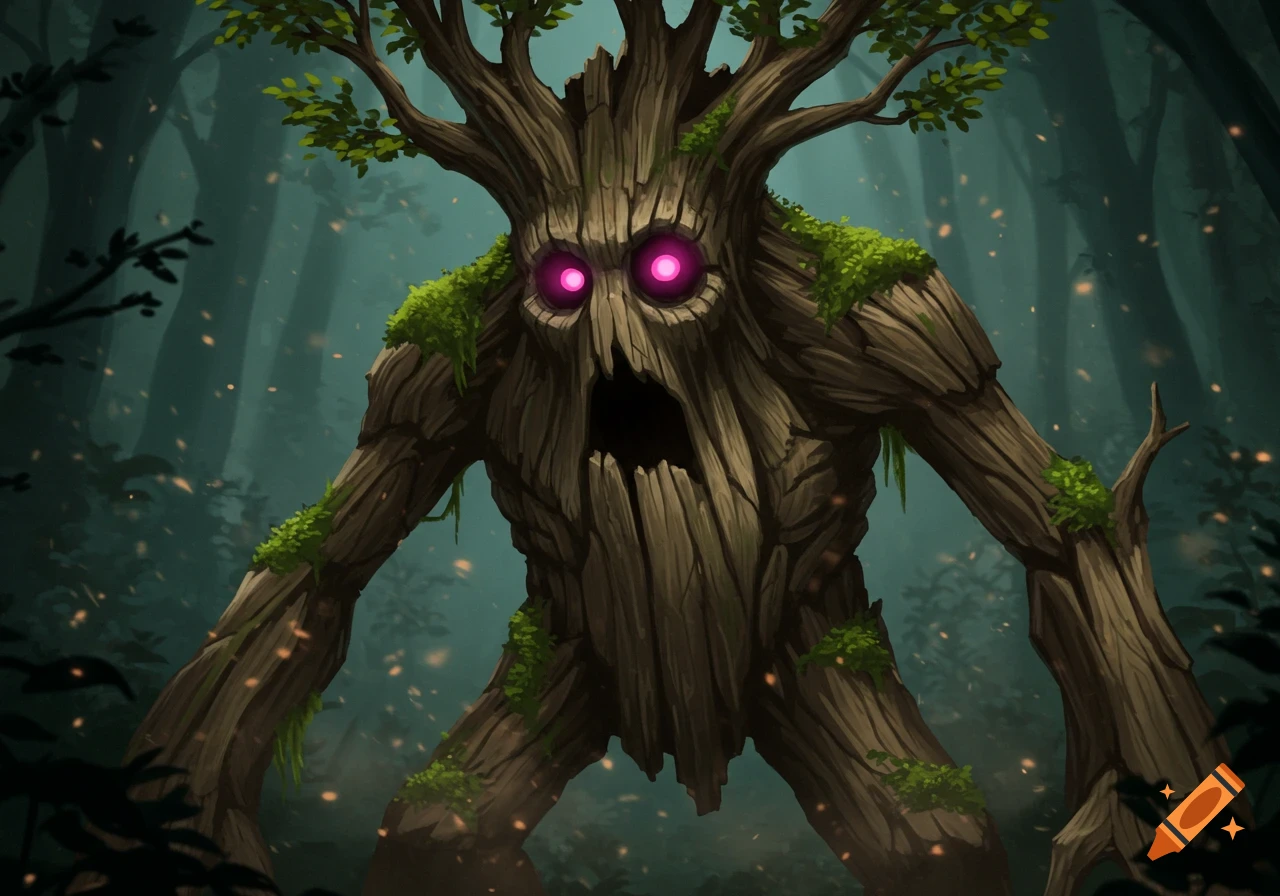 An ancient, monstrous treant with glowing magenta eyes and a gaping ...