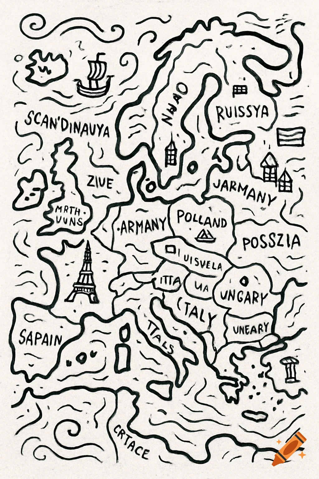 A black and white doodle-style map of Europe with rough borders and misspelled country names like 'SCAN'DINAUYA', 'RUISYA', 'JARMANY', and 'SAPAIN'. Stylized icons like a ship and buildings are scattered across the map.